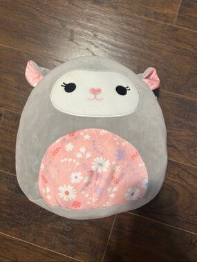 SQUISHMALLOW Gray & Pink Plush Lamb Pillow with Floral Belly